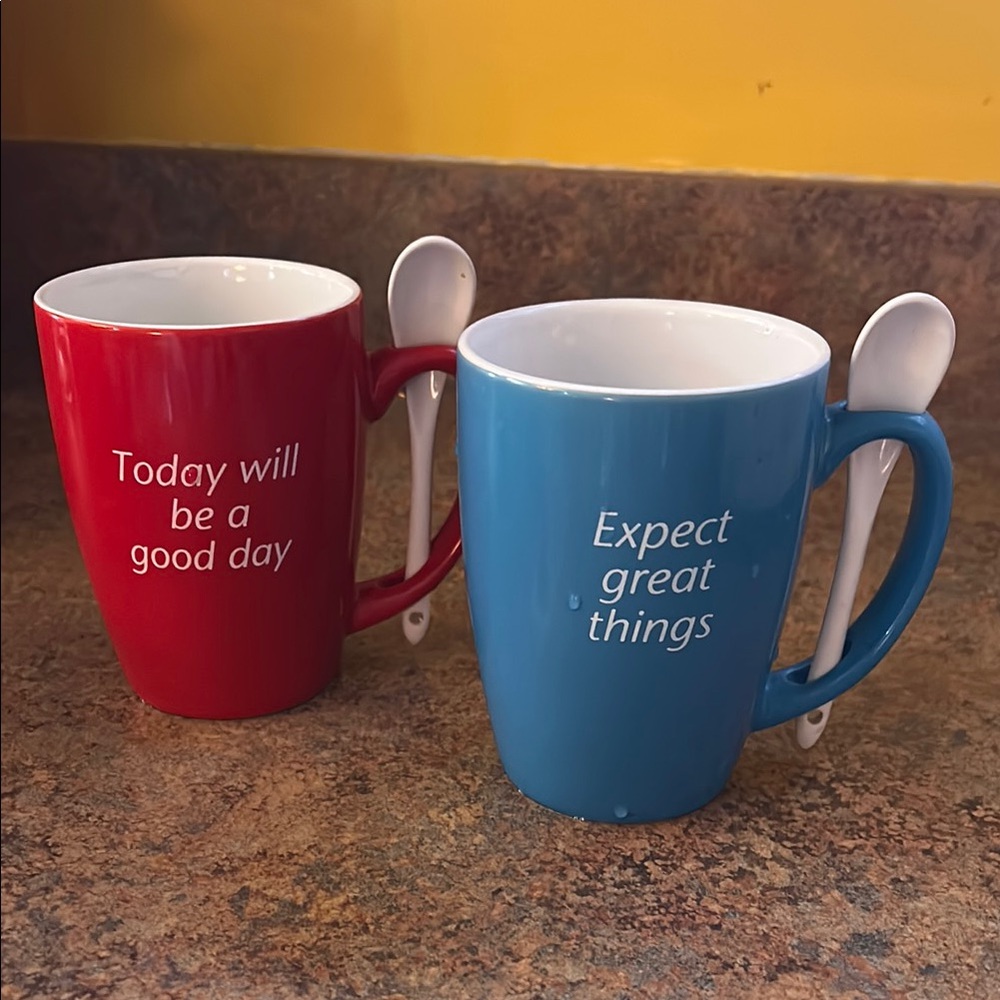 Inspirational Red and Blue Mug Set with Spoons